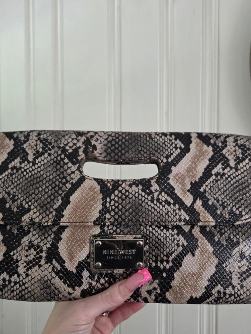Nine West Snake-Print Cutout Handle Clutch in Beige and Black
